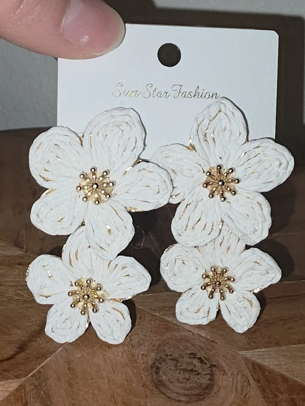White Floral Drop Rafia Earrings With Gold-Tone Metal Accents, NWT